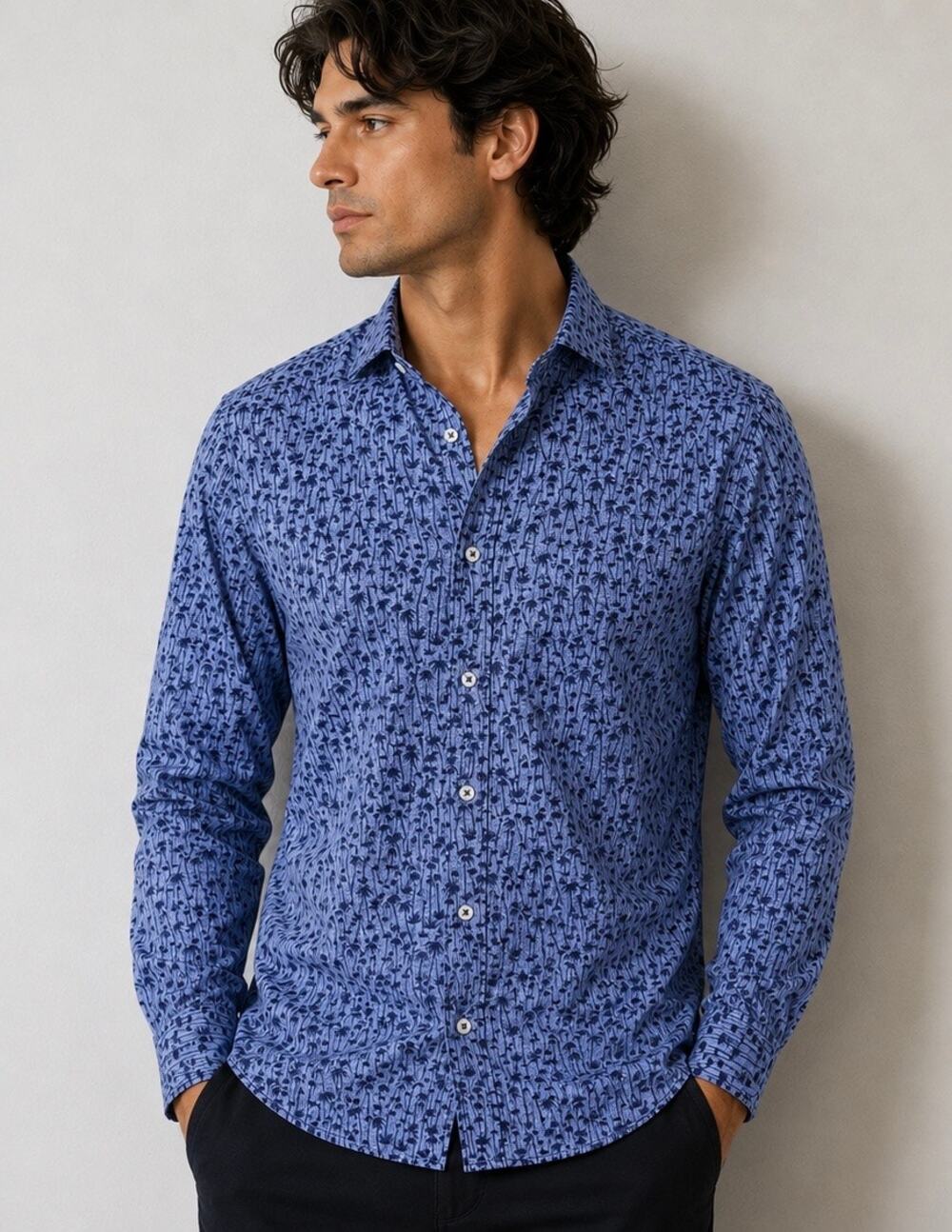 Lucky Brand NWT Slim Fit Blue Palm Tree Print Button Down Shirt Mens Medium